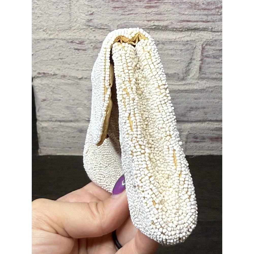 Vintage Antique White & Gold Micro-Beaded Change Purse Clutch‎ France/Italian?